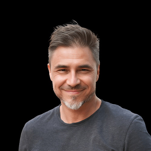 Confident mature man smiling after non-invasive aesthetic treatment, promoting male skin rejuvenation and wellness at Body and Skin Clinic